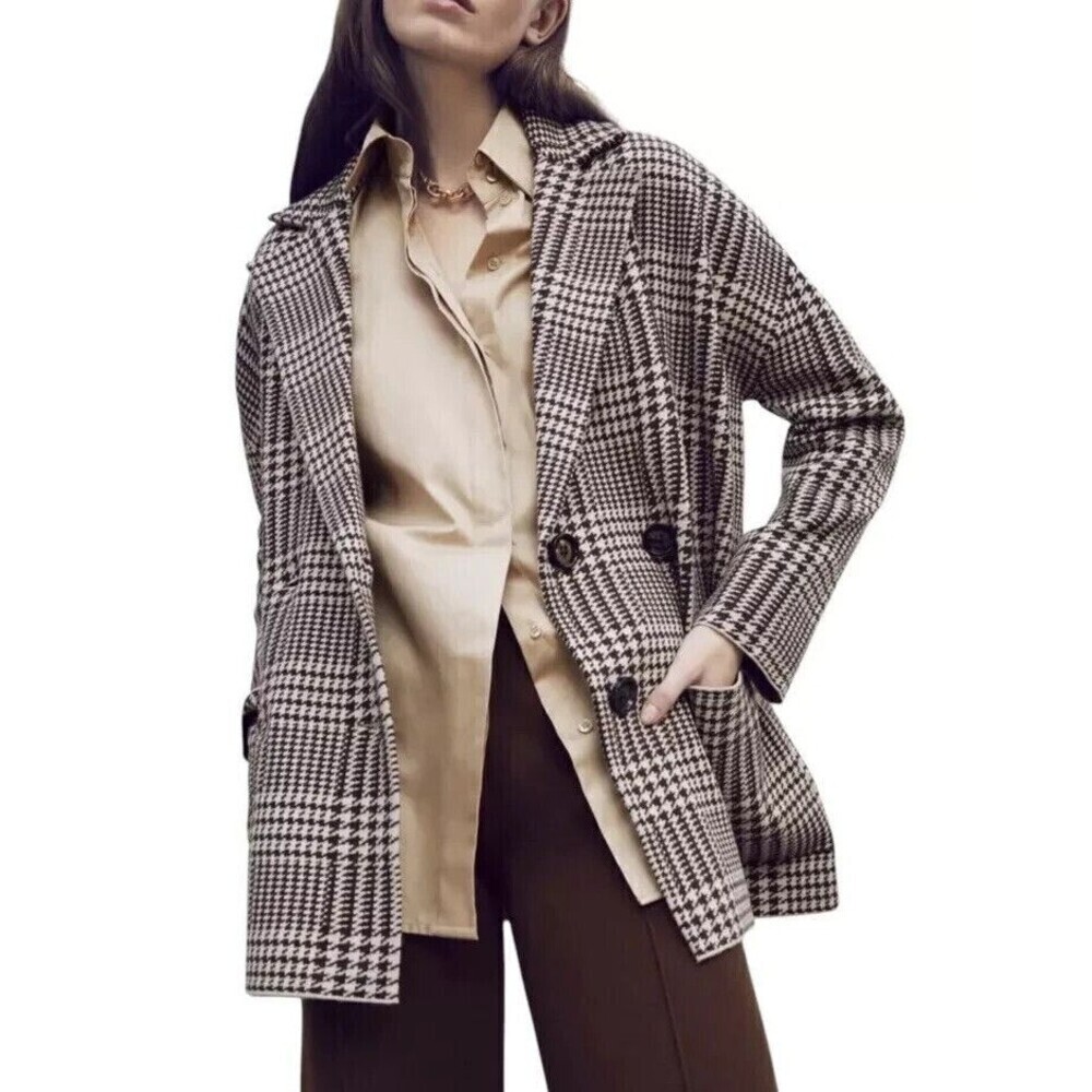 Zara Houndstooth Double Breasted Oversized Knit Sweater Blazer Jacket Size L